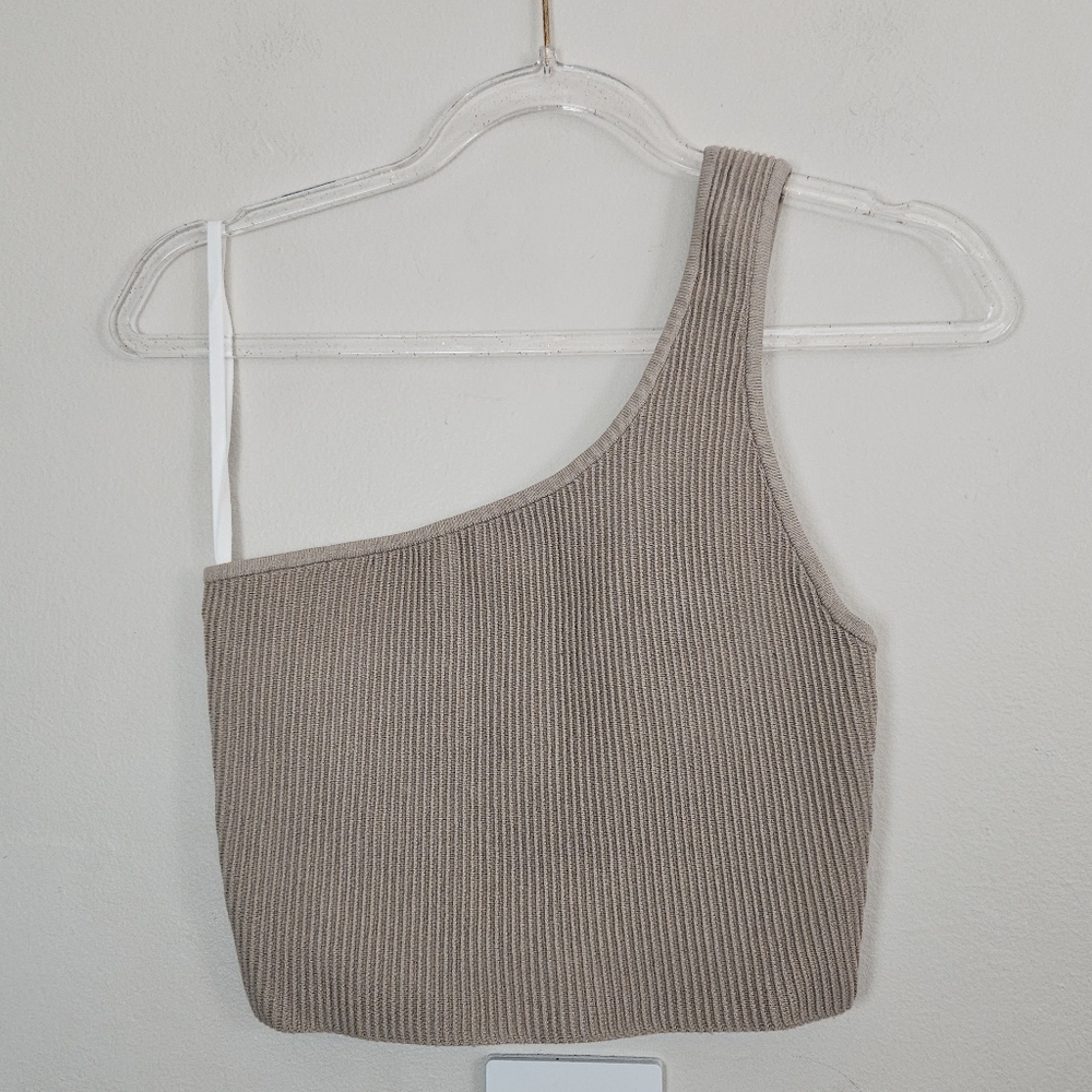 Aritzia Babaton One-Shoulder Ribbed Crop Top in Taupe Medium